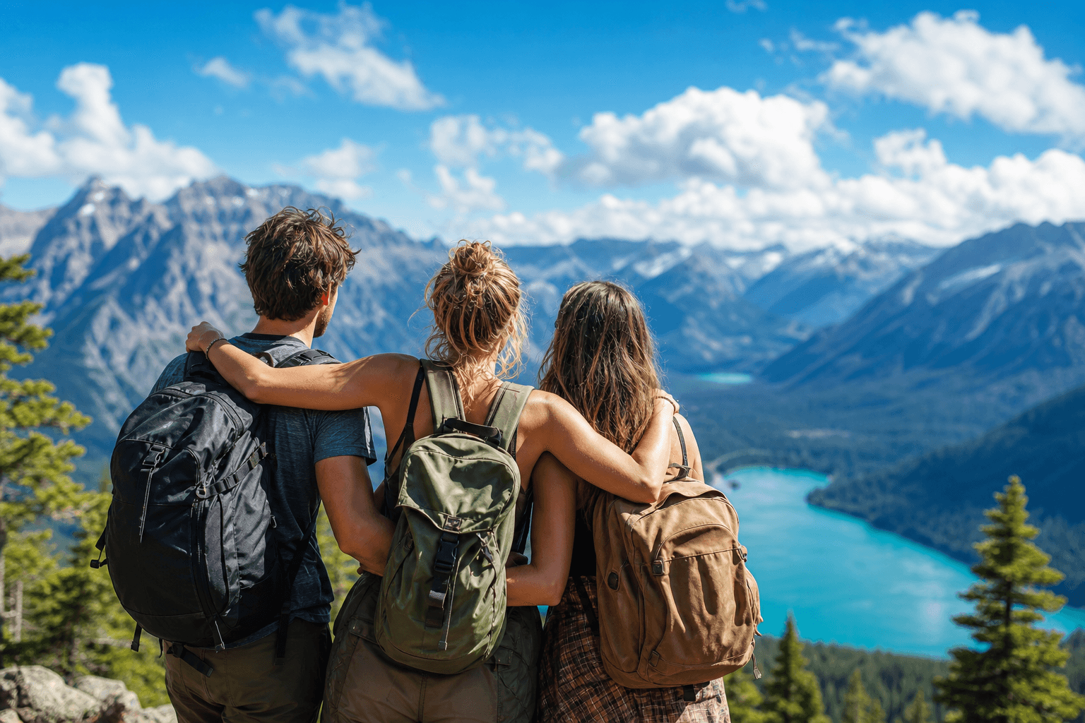 Three friends overlooking a turquoise mountain lake