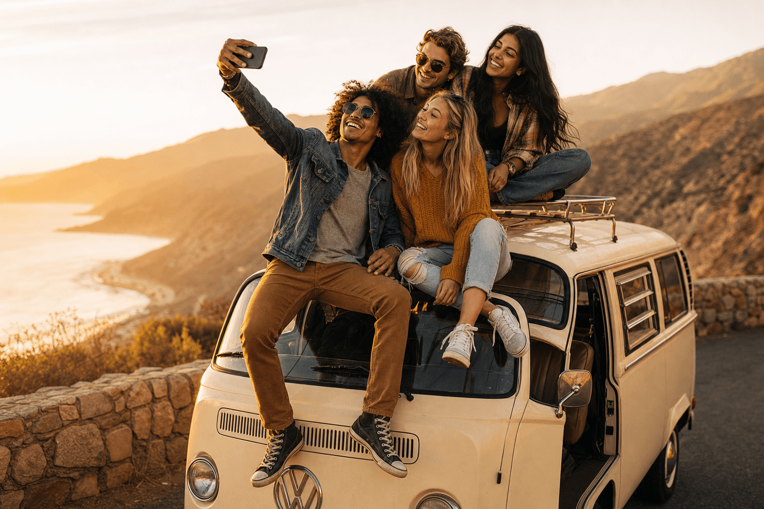 Friends taking a selfie on a camper van at sunset